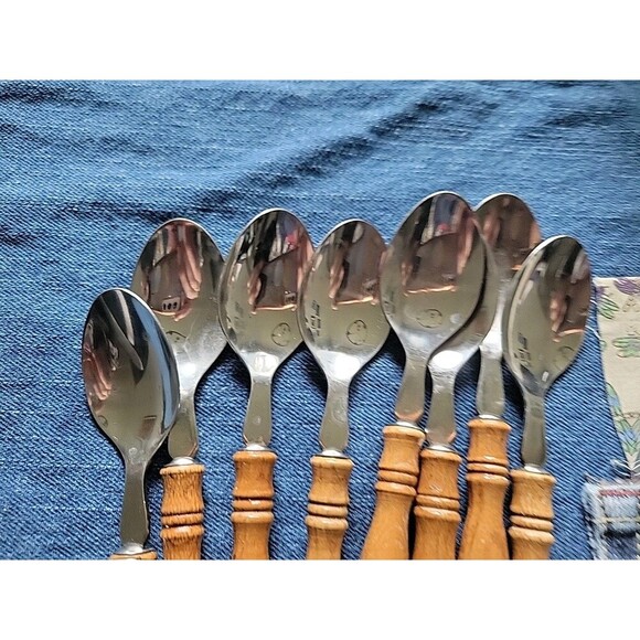 Vintage Old Homestead 1970's Silverware Flatware 8 Pieces Brown Wood Handle MCM - Picture 3 of 3